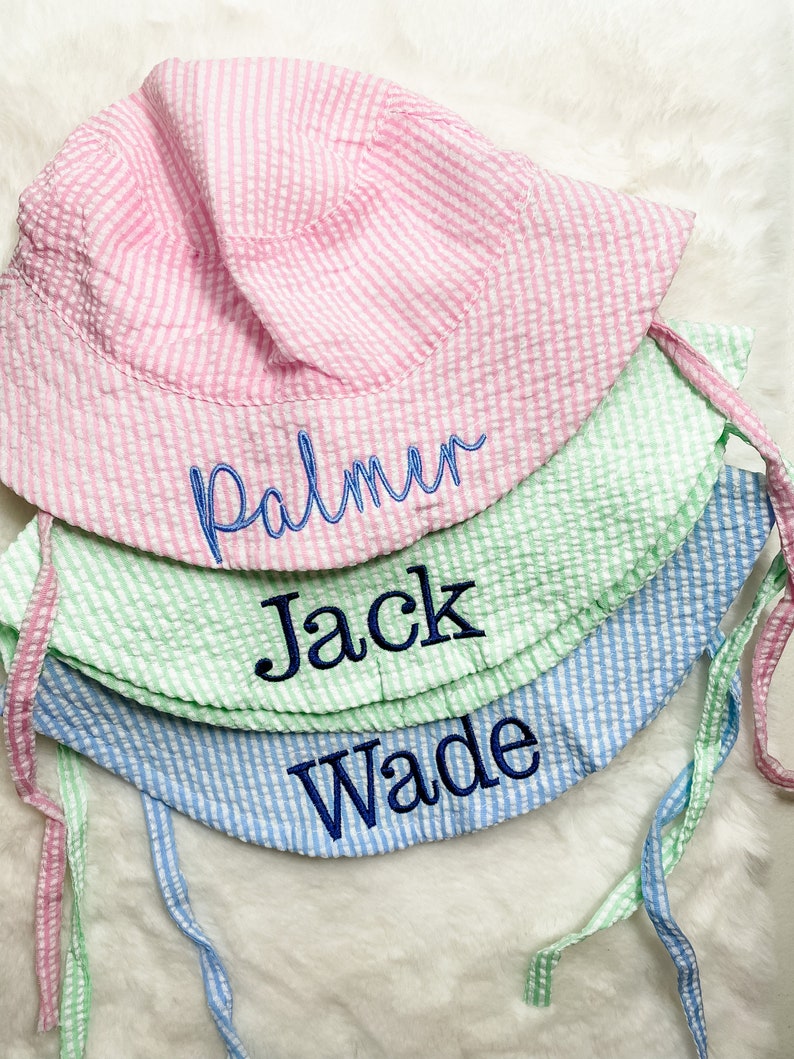 Embroidered Swim Hat with Name | Kids Sun Hat | Baby Swim Hat | Pink Stripe Seersucker Pool Hat | Floppy Beach Hat Personalized image 1