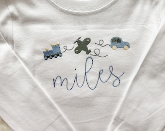 Boys Embroidered Plane Train Car Shirt