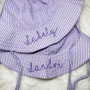 Embroidered Swim Hat with Name | Kids Sun Hat | Baby Swim Hat | Pink Stripe Seersucker Pool Hat | Floppy Beach Hat Personalized image 4