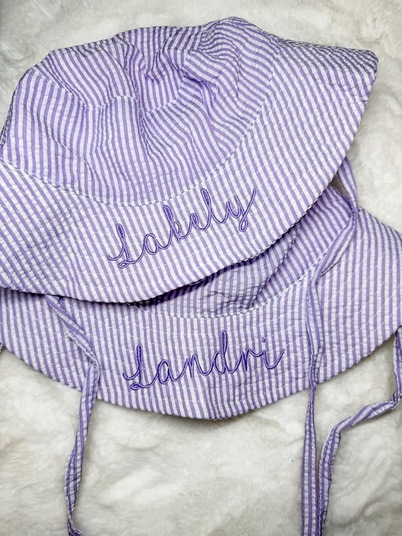 Embroidered Swim Hat with Name | Kids Sun Hat | Baby Swim Hat | Pink Stripe Seersucker Pool Hat | Floppy Beach Hat Personalized image 4