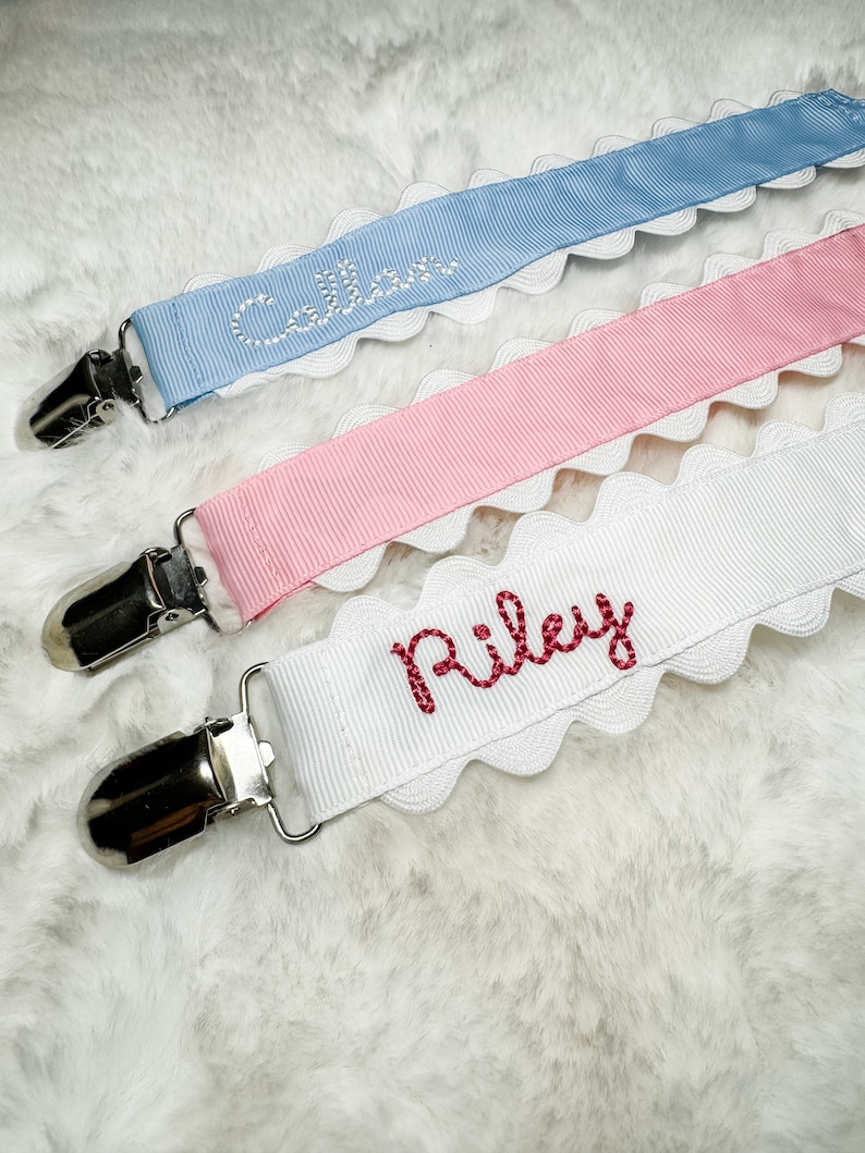 Monogrammed Pacifier Clip Embroidered Name, Baby Pacifier Clip image 1