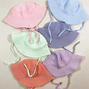 Embroidered Swim Hat with Name | Kids Sun Hat | Baby Swim Hat | Pink Stripe Seersucker Pool Hat | Floppy Beach Hat Personalized image 5