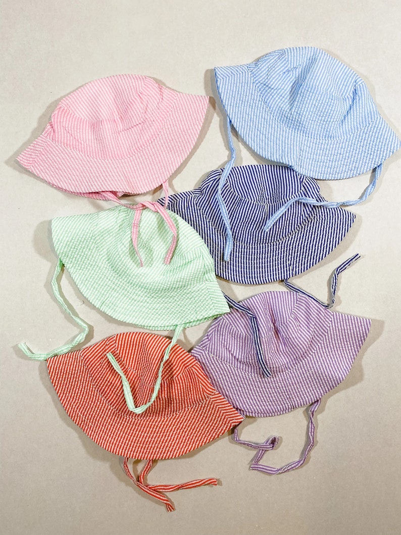 Embroidered Swim Hat with Name | Kids Sun Hat | Baby Swim Hat | Pink Stripe Seersucker Pool Hat | Floppy Beach Hat Personalized image 5