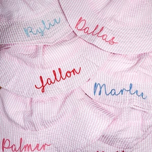 Embroidered Swim Hat with Name | Kids Sun Hat | Baby Swim Hat | Pink Stripe Seersucker Pool Hat | Floppy Beach Hat Personalized image 10