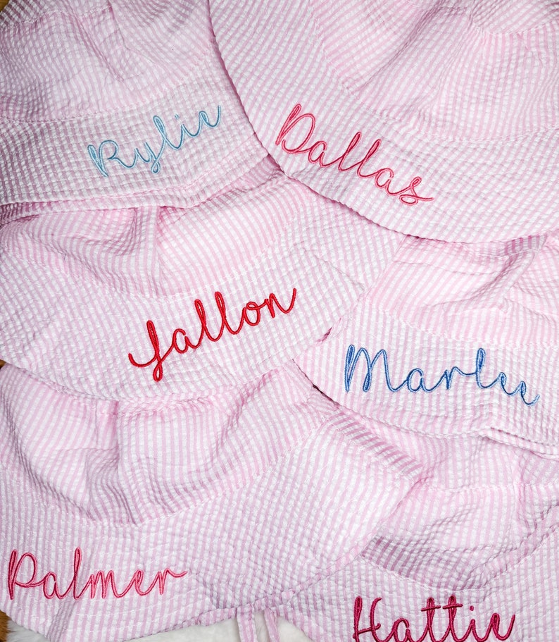 Embroidered Swim Hat with Name | Kids Sun Hat | Baby Swim Hat | Pink Stripe Seersucker Pool Hat | Floppy Beach Hat Personalized image 10
