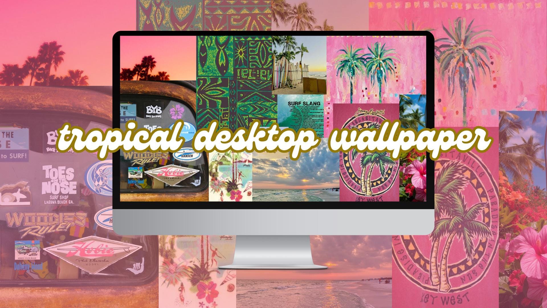 Tropical Desktop Wallpaper | Pink Beachy Surfer Summer Aesthetic | Two  Versions W/ Purchase - Etsy, image size:1920x1080