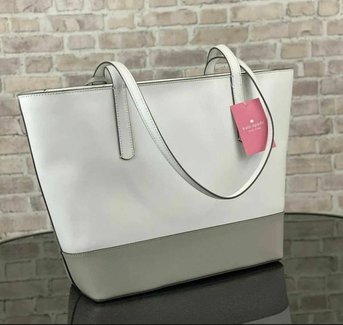 Kate Spade Briel Large White Gray Smooth Leather Tote WKRU6708 NWT