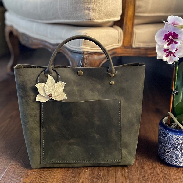 Leather Lotus Flower Bag Charm Keychain