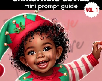 May include: A smiling Black child dressed as an elf for Christmas. The child is wearing a red and green elf costume with a pointed hat and white stripes on the sleeves. The child has curly black hair and is looking at the camera.