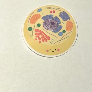 May include: A yellow circle sticker with a cartoon illustration of a cell. The cell has a nucleus, endoplasmic reticulum, Golgi apparatus, ribosomes, and other organelles. The cell has a smiling face with pink cheeks.