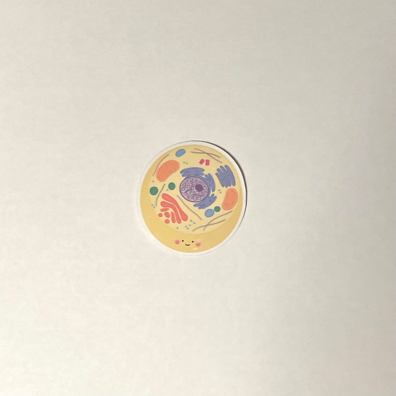 May include: A yellow and white sticker with a cartoon illustration of a cell. The cell has a nucleus, cytoplasm, and other organelles. The cell has a smiling face.