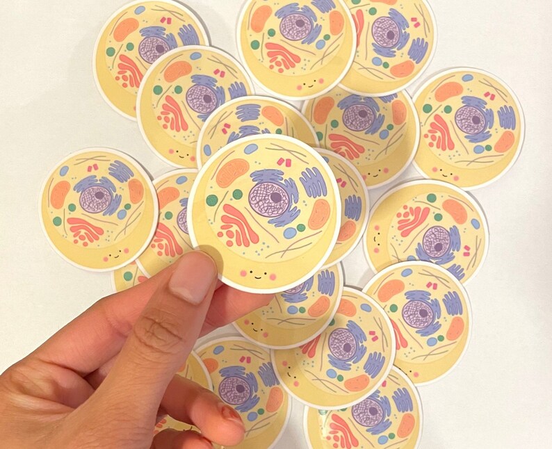 May include: A collection of colorful cell stickers with a cartoon-like design. Each sticker features a yellow circle with a smiling face and a detailed illustration of a cell's internal components.