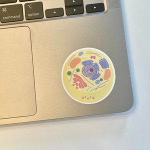 May include: A yellow cell sticker with a smiling face. The cell has a purple nucleus, green chloroplasts, and red mitochondria.