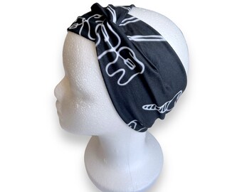 Dental Orthodontics Teeth Print on Black, Stretchy Twisted Knot Wide Headband, Soft Polyester Spandex