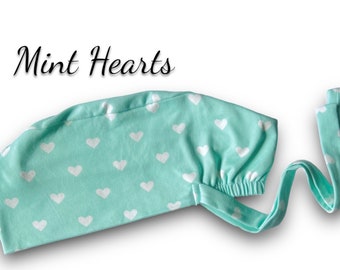 Green Hearts Soft Stretchy Scrub Cap, DDP, Scrub Hats for Dentists, Dental Hygienist, Nurses  - Adjustable String Ties and Elastic