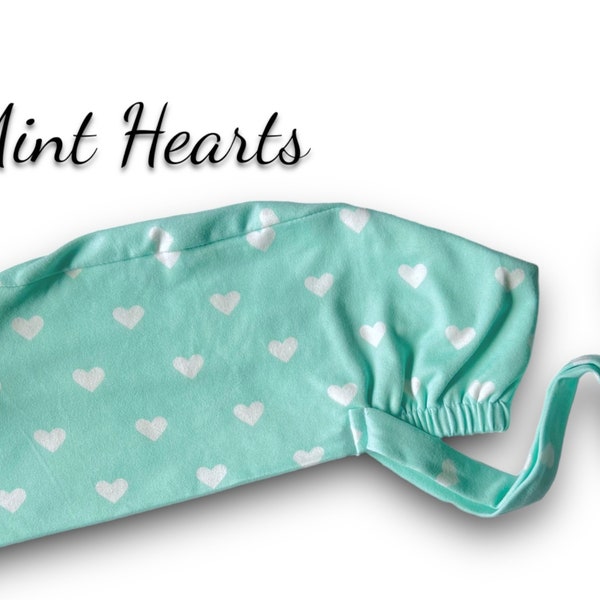 Green Hearts Soft Stretchy Scrub Cap, DDP, Scrub Hats for Dentists, Dental Hygienist, Nurses  - Adjustable String Ties and Elastic