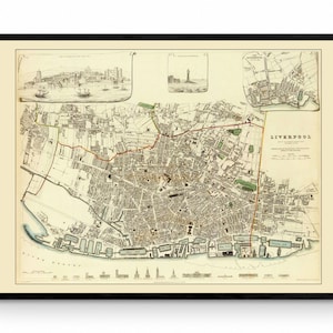 Liverpool in 1836 Karte - Antike Reproduktion mit eingelegten historischen Karten - Leuchtturm - Stadtplan - gerahmt erhältlich