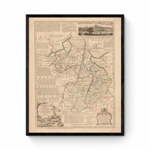 Mapa de Cambridgeshire fechado en 1750 - Reproducción antigua - Emanuel Bowen - Mapa detallado del condado - Disponible enmarcado