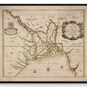 Carte de la baie du Bengale datée de 1685 - Reproduction antique - John Thornton - Bangladesh - Carte murale vintage - Disponible encadrée