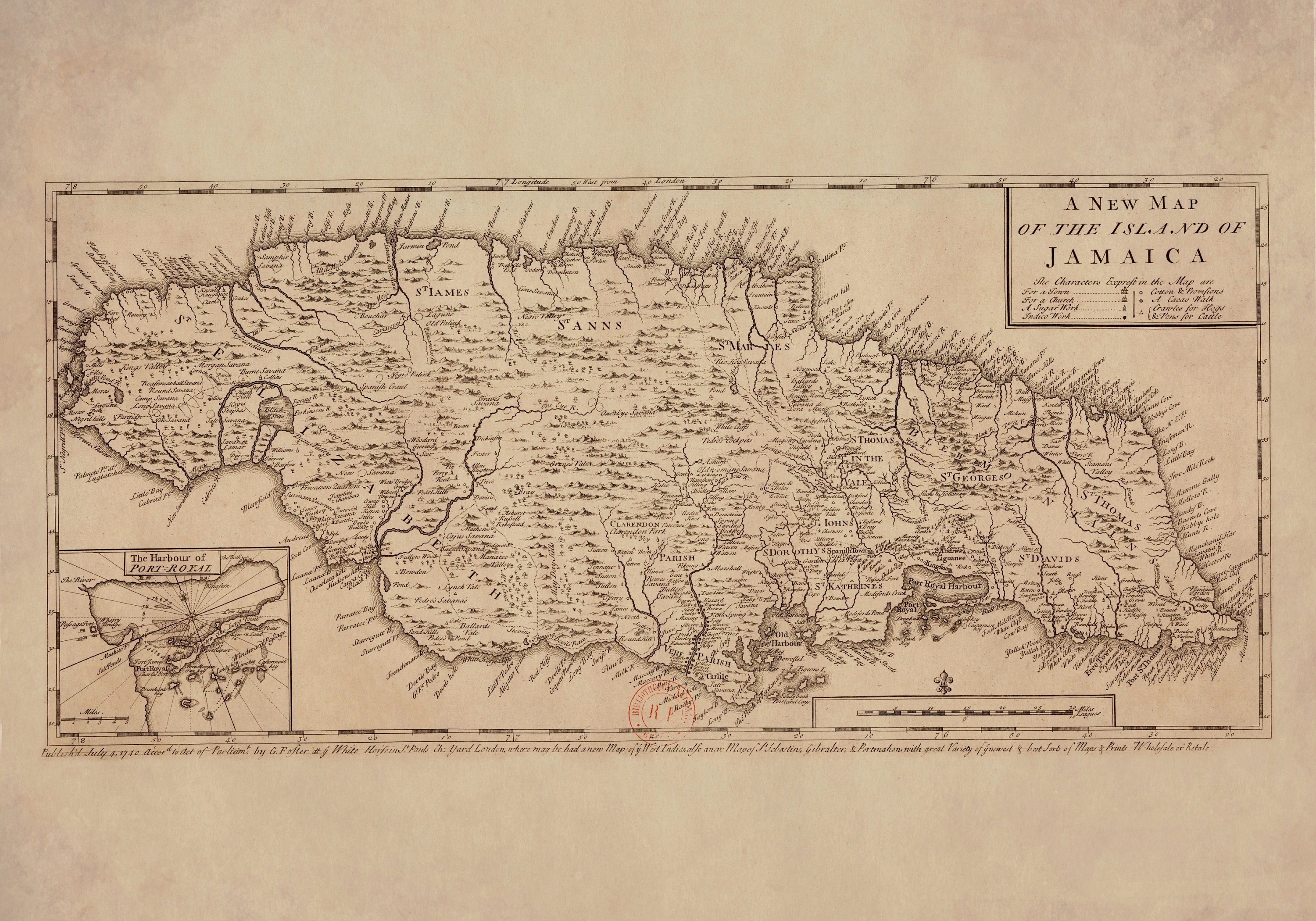 Jamaica Map Dated 1740 Showing Towns, Churches, Sugar Works