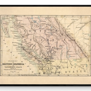 British Columbia en Vancouver Island tonen de Frazer River Goldfields Kaart - Antieke Reproductie - Canada - Beschikbaar Ingelijst