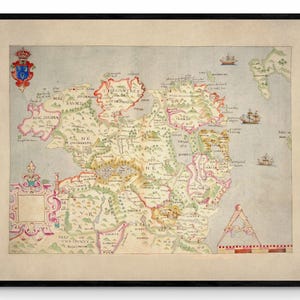 Mapa de Irlanda del Norte fechado en torno a 1600 - Reproducción antigua - Disponible enmarcado