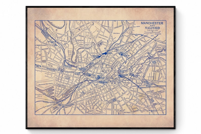 Manchester & Salford Map - Antique Reproduction - City Plan - England ...