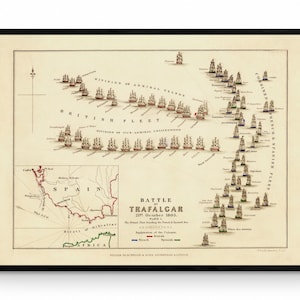 Die Schlacht von Trafalgar Karte - Antike Reproduktion - Marine Militärgeschichte - Vintage Wandkarte - Verfügbar gerahmt