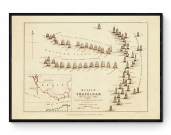 Mapa de la Batalla de Trafalgar que muestra las posiciones en la batalla - Reproducción antigua - Historia militar naval - Mapa de pared vintage - Disponible enmarcado