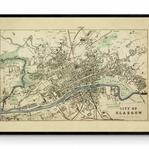 Mapa da cidade de Glasgow datado de 1871 - Reprodução antiga - Planta da cidade - Escócia - Disponível emoldurado