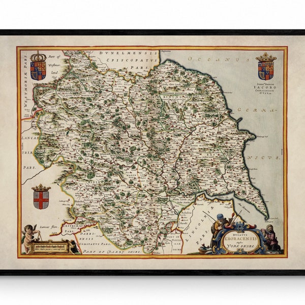 Carte du Yorkshire datée de 1645 - Reproduction antique - Carte du comté - Atlas Van der Hagen - Disponible encadrée