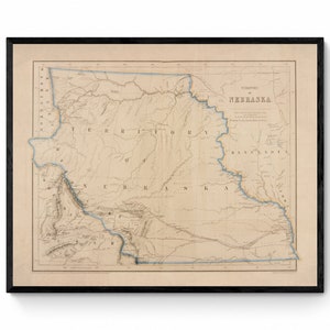 Gebiet von Nebraska Karte aus dem Jahr 1857 mit der beabsichtigten pazifischen Eisenbahnlinie - USA - Antike Reproduktion - Verfügbar Gerahmt