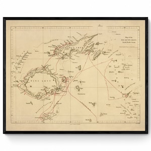 Carte des Fidji ou du groupe Viti datée de 1864 - Reproduction antique - Îles du Pacifique - Disponible encadrée