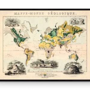 Geologische Weltkarte - Antike Reproduktion - datiert 1858 - Geologie - Große Wandkarte - gerahmt erhältlich