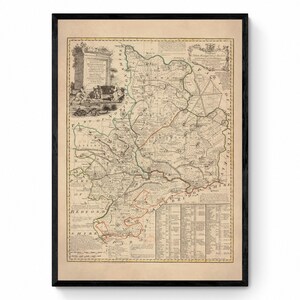 Mapa de Huntingdon fechado en 1749 - Reproducción antigua - Emanuel Bowen - Mapa detallado del condado - Disponible enmarcado