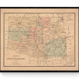 Karte des Indianerterritoriums von 1887 - Antike Reproduktion - Oklahoma - USA - Geschichte der amerikanischen Ureinwohner - Verfügbar gerahmt