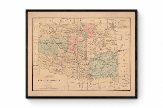 アンティーク ポーランド 古地図 フレーム付き 額 1887 年インディアン準州の地図 - アンティーク複製 - オクラホマ