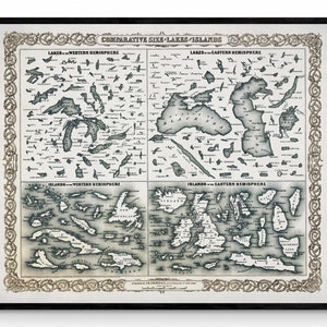 Comparative Size of Lakes and Islands in the Western and Eastern Hemispheres Antique Reproduction - Geography Poster - Available Framed