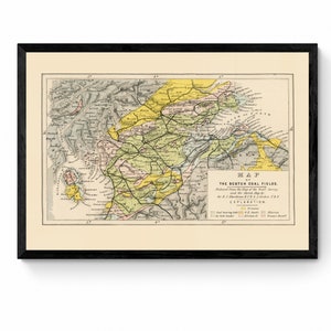 May include: Framed vintage map of the Scotch Coal Fields, showing detailed geographical features with varied colours denoting geological elements. The map is in a black frame, ready to hang.