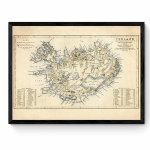 Carte de l'Islande avec glaciers, névés, sources chaudes, sources minérales, montagnes - Reproduction antique - carte murale vintage - disponible encadrée