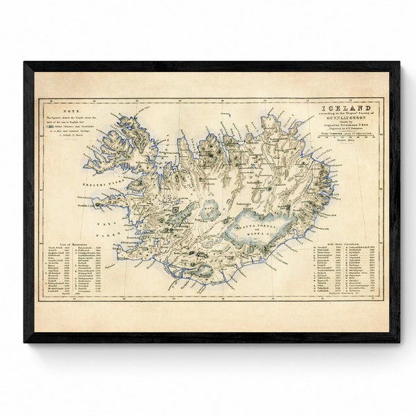 Iceland Map with Glaciers, Snowfields, Hotsprings, Mineral Springs, Mountains - Antique Reproduction - Vintage Wall Map - Available Framed