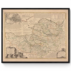 Mappa del Somerset datata 1750 - Riproduzione antica - Emanuel Bowen - Mappa dettagliata della contea - Disponibile con cornice