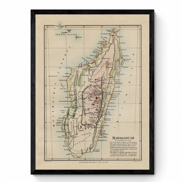 Kaart van Madagaskar met geologische kenmerken, stammen, regio's, vulkanen en onontdekte gebieden - antieke reproductie - ingelijst beschikbaar