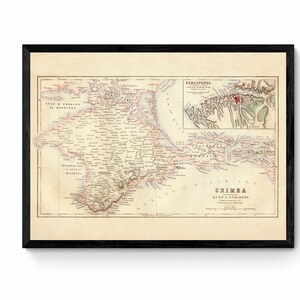 Carte de Crimée avec carte en médaillon de Sebastapol - Reproduction antique - Ukraine - Russie - Carte murale vintage - Disponible Encadré