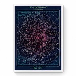 Las constelaciones visibles en Gran Bretaña - Impresión - Reproducción antigua - Decoración de pared - Astronomía - Arte celestial - Mapa estelar - Disponible enmarcado