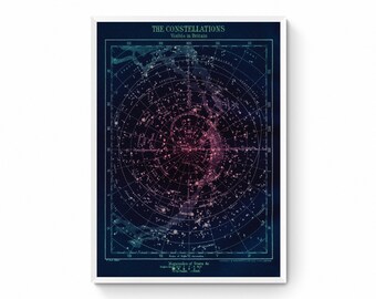 May include: A vintage style star chart showing the constellations visible in Britain. The chart is printed on a dark blue background with a pink and blue gradient in the centre. The constellations are outlined in white and the stars are represented by small white dots.