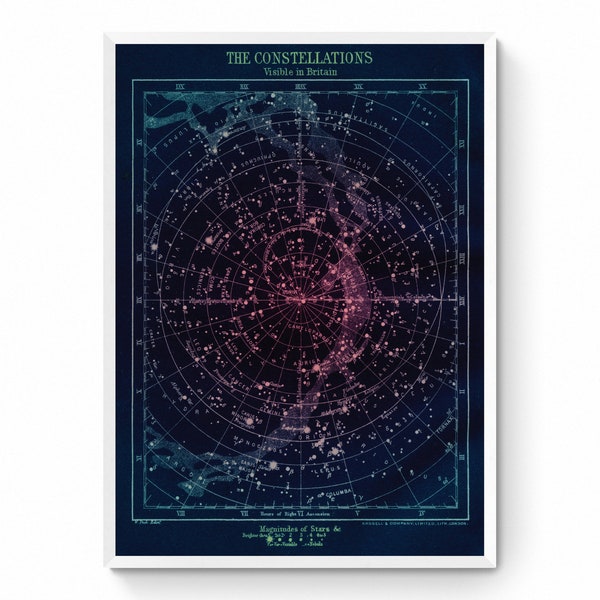 The Constellations visible in Britain Print - Antique Reproduction - Wall Decor - Astronomy - Celestial Art - Star Map - Available Framed