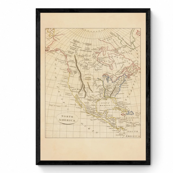 North America Map from 1819 showing Native American Tribes - Antique Reproduction - Unusual Vintage Wall Map - Available Framed
