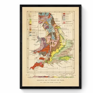 Carte géologique de l’Angleterre et du Pays de Galles - Impression de reproduction antique - Géologie - Art mural vintage - Disponible encadré