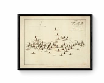 Battle of Trafalgar Map showing positions in Battle - Antique Reproduction - Naval Military History - Vintage Wall Map - Available Framed